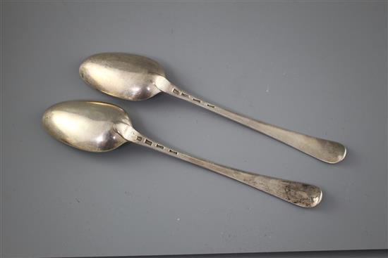 A pair of Georgian silver Old English pattern base marked tablespoons, maker W.T, circa 1770, 23cm, 4oz,